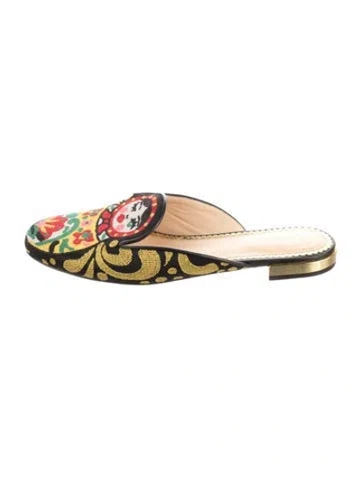 Pre-owned Charlotte Olympia Graphic Print Embroidered Accent Mules In Black