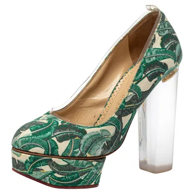 Charlotte Olympia Green Leaves Printed Canvas And Pvc Mabel Platform Pumps In Blue