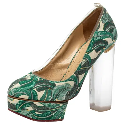 Charlotte Olympia Green Leaves Printed Canvas And Pvc Mabel Platform Pumps Size 35