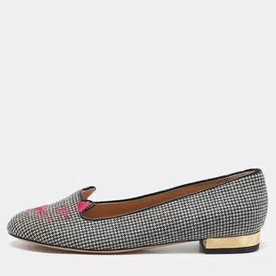 Pre-owned Charlotte Olympia Grey Canvas Emoticats Smoking Slippers Size 38