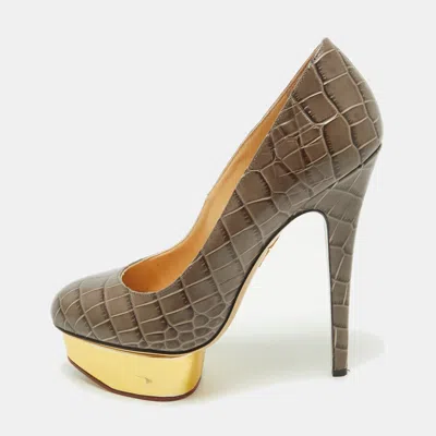 Pre-owned Charlotte Olympia Grey Croc Embossed Leather Dolly Platform Pumps Size 39