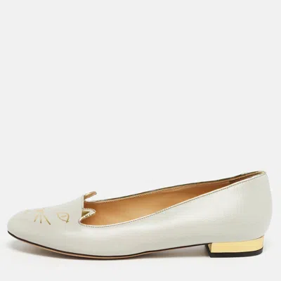 Charlotte Olympia Grey Leather Kitty Ballet Flats In White