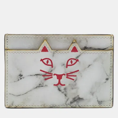 Charlotte Olympia Grey Marble Print Leather Kitty Card Holder In White