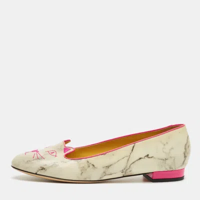 Pre-owned Charlotte Olympia Grey/pink Leather Cheeky Kitty Smoking Slippers Size 40 In Gray