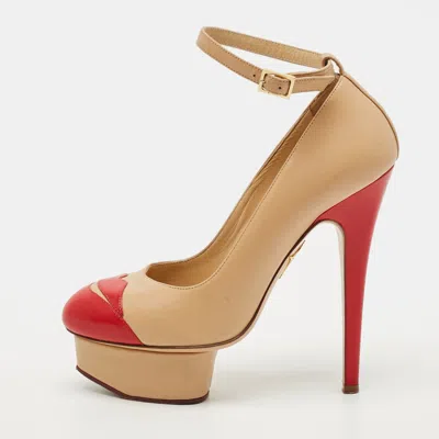 Pre-owned Charlotte Olympia Kiss Me Dolores! Size 36 Beige Leather Platform Pumps In Sand