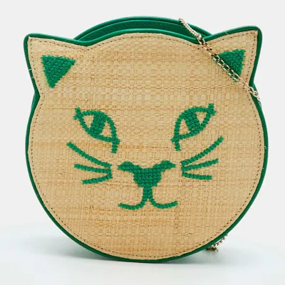 Charlotte Olympia Kitty Beige/green Leather And Raffia Chain Clutch In Brown