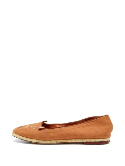 Pre-owned Charlotte Olympia Kitty Canvas Espadrilles In Brown