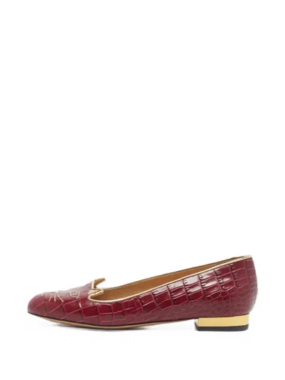 Pre-owned Charlotte Olympia Kitty Croc-embossed Loafers In Red