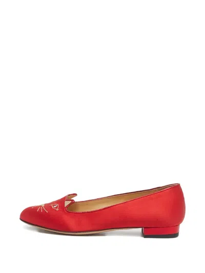 Pre-owned Charlotte Olympia Kitty-embroidered Ballet Flats In Red