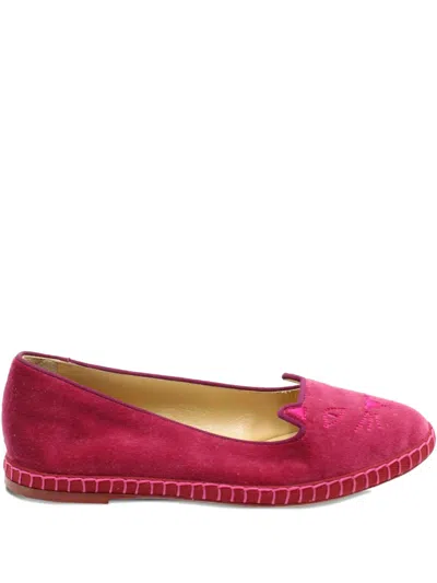 Pre-owned Charlotte Olympia Kitty-face Velvet Ballet Flats In Red