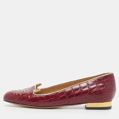 Pre-owned Charlotte Olympia Kitty Size 35 Burgundy Croc Embossed Leather Smoking Slippers