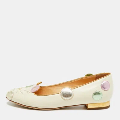 Pre-owned Charlotte Olympia Kitty Size 36.5 Cream Leather Ballet Flats In White
