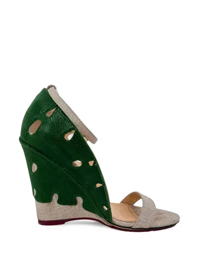 Pre-owned Charlotte Olympia Leaf Accent Wedge Sandals In Green