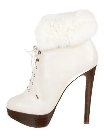 Pre-owned Charlotte Olympia Leather Faux Fur Trim Lace-up Boots In White