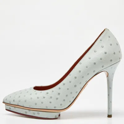 Pre-owned Charlotte Olympia Light Blue Ostrich Embossed Leather Dolly Pointed Toe Pumps Size 37 In Grey
