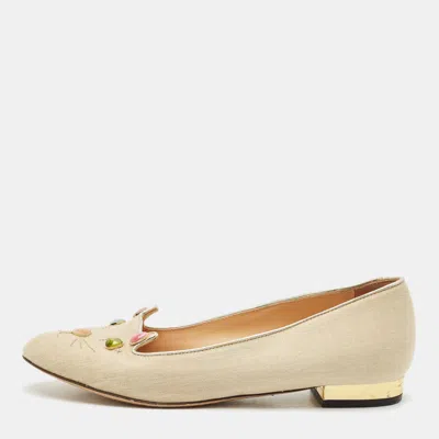 Pre-owned Charlotte Olympia Light Gold Fabric Kitty Crystals Ballet Flats Size 37.5