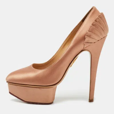 Charlotte Olympia Metallic Bronze Satin Paloma Fan Pleat Platform Pumps Size 35.5 In Neutral