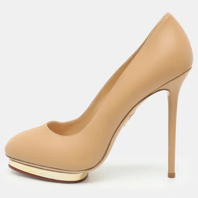 Pre-owned Charlotte Olympia Monroe Size 40 Beige Leather Platform Pumps In Sand