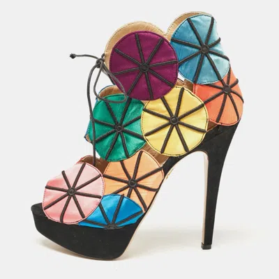 Pre-owned Charlotte Olympia Multicolor Satin And Suede Parasol Platform Sandals Size 37.5