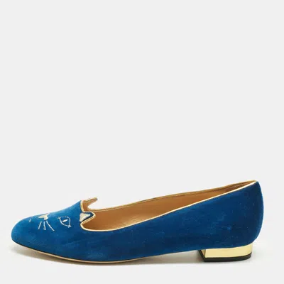Charlotte Olympia Navy Blue Velvet Kitty Ballet Flats In Multi