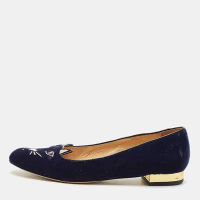 Pre-owned Charlotte Olympia Navy Blue Velvet Kitty Ballet Flats Size 39