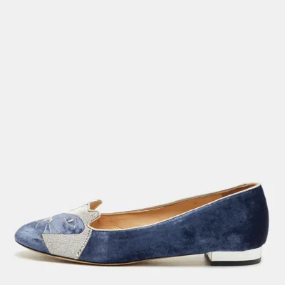 Charlotte Olympia Navy Blue/grey Velvet Kitty Smoking Slippers