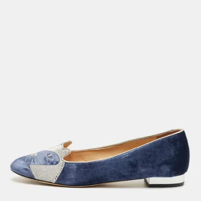 Charlotte Olympia Navy Blue/grey Velvet Kitty Smoking Slippers