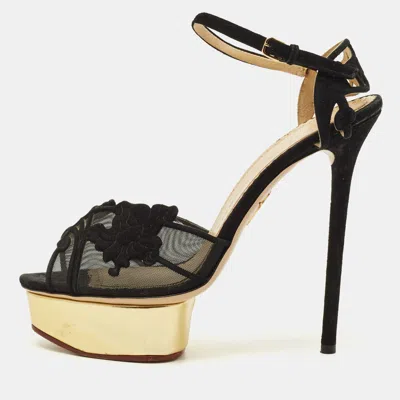 Pre-owned Charlotte Olympia Octavia Size 38 Black Mesh And Suede Platform Ankle Strap Sandals