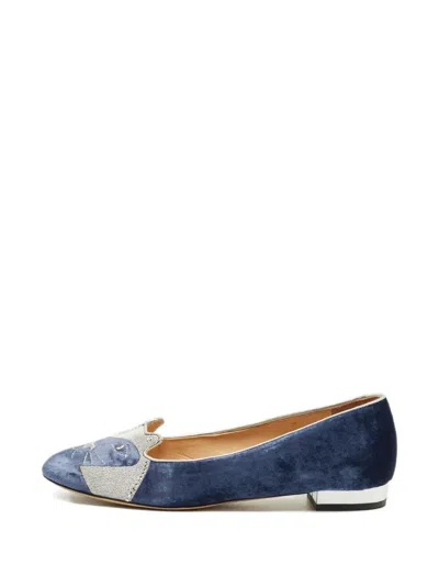 Pre-owned Charlotte Olympia Olympia Kitty Velvet Pumps In Blue