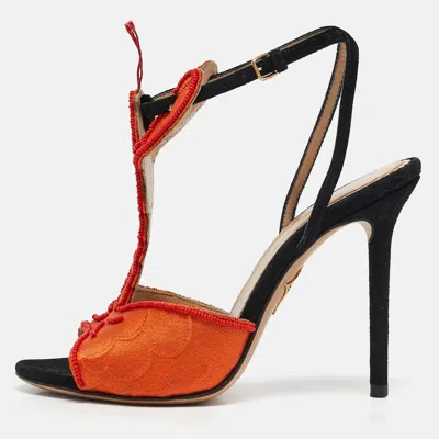 Pre-owned Charlotte Olympia Orange/black Fabric And Suede Ankle Strap Sandals Size 35