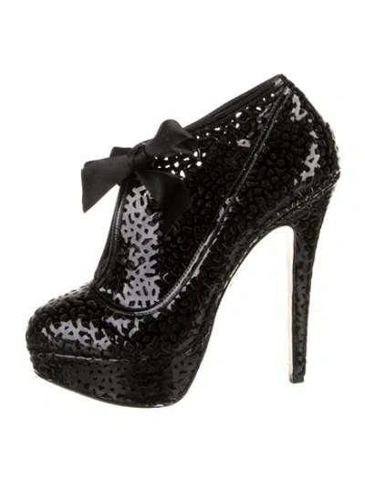 Pre-owned Charlotte Olympia Patent Leather Lasercut Accents Boots In Black