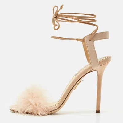 Pre-owned Charlotte Olympia Peach Suede And Fur Trim Salsa Ankle Strap Sandals Size 39.5 In Orange