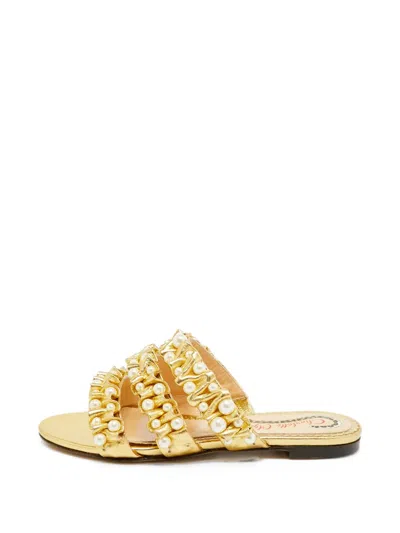 Pre-owned Charlotte Olympia Pearl-embellished Pleated Flat Sandals In Gold