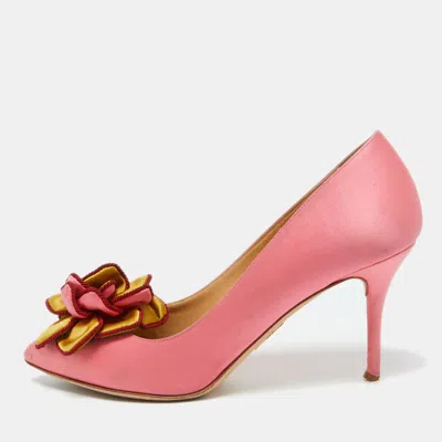 Charlotte Olympia Pink Satin Flower Detail Pointed Toe Pumps