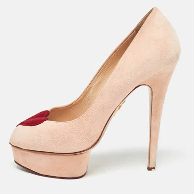 Charlotte Olympia Pink Suede Delphine Heart Detail Platform Pumps
