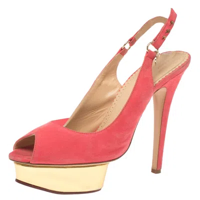 Charlotte Olympia Pink Suede Slingback Peep Toe Platform Sandals