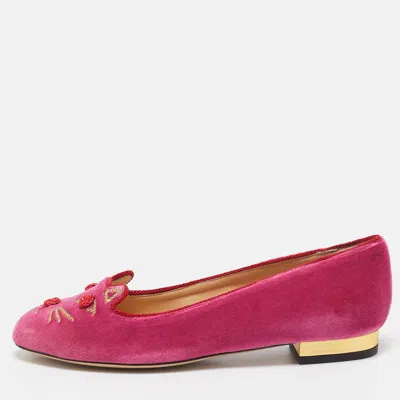 Pre-owned Charlotte Olympia Pink Velvet Knot A Kitty Ballet Flats Size 35.5