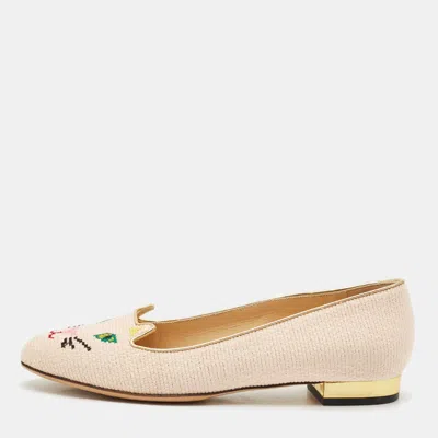Pre-owned Charlotte Olympia Pink/gold Canvas Kitty Ballet Flats Size 37.5