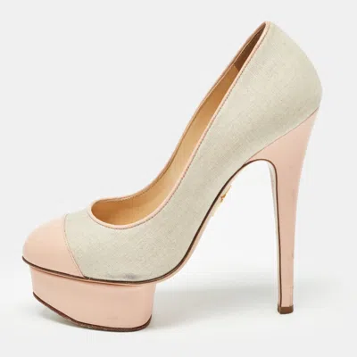 Pre-owned Charlotte Olympia Pink/grey Canvas And Leather Dolly Pumps Size 36