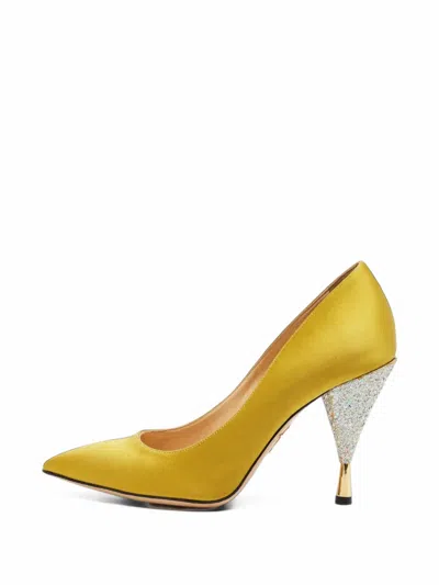Pre-owned Charlotte Olympia Pointed-toe Glitter-embellished Heeled Pumps In Yellow