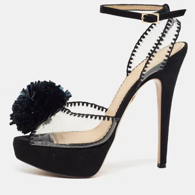 Pre-owned Charlotte Olympia Pomeline Size 38.5 Black Pvc And Suede Platform Sandals