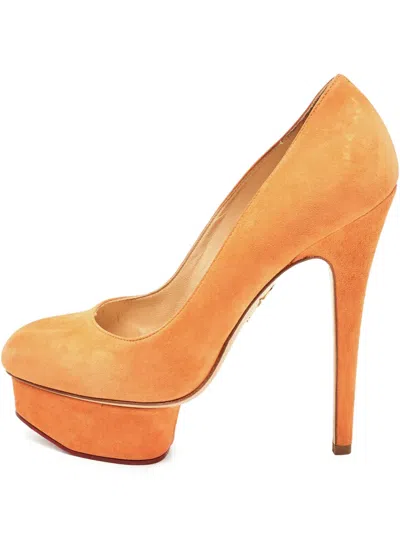 Pre-owned Charlotte Olympia  145mm Dolly Suede Pumps In Orange