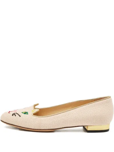 Pre-owned Charlotte Olympia  Embroidered-kitty Loafers In Neutral