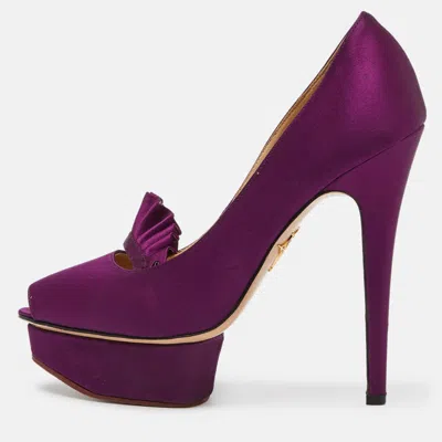 Charlotte Olympia Purple Satin Peep Toe Platform Pumps