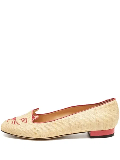 Pre-owned Charlotte Olympia Raffia Cat-embroidered Flats In Neutral