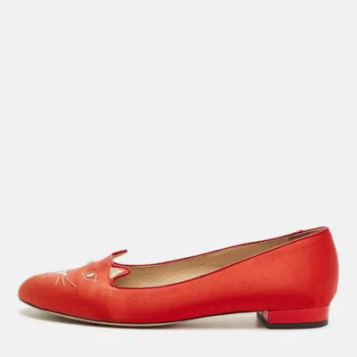 Charlotte Olympia Red Satin Cheeky Kitty Ballet Flats In Multi