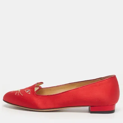 Pre-owned Charlotte Olympia Red Satin Cheeky Kitty Ballet Flats Size 38