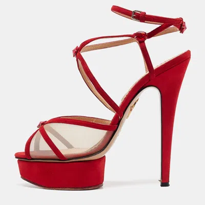 Pre-owned Charlotte Olympia Red Suede And Mesh Crystal Isadora Sandals Size 40