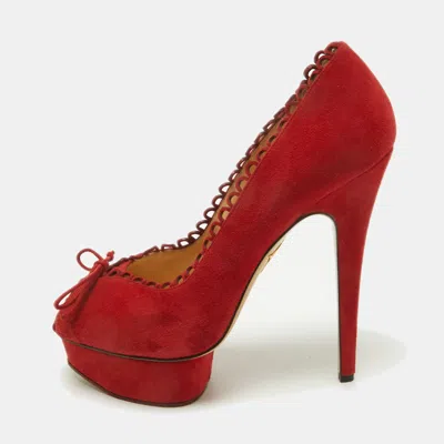 Pre-owned Charlotte Olympia Red Suede Daphne Scalloped Trim Peep Toe Platform Pumps Size 40