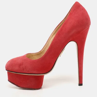 Pre-owned Charlotte Olympia Red Suede Dolly Platform Pumps Size 36.5